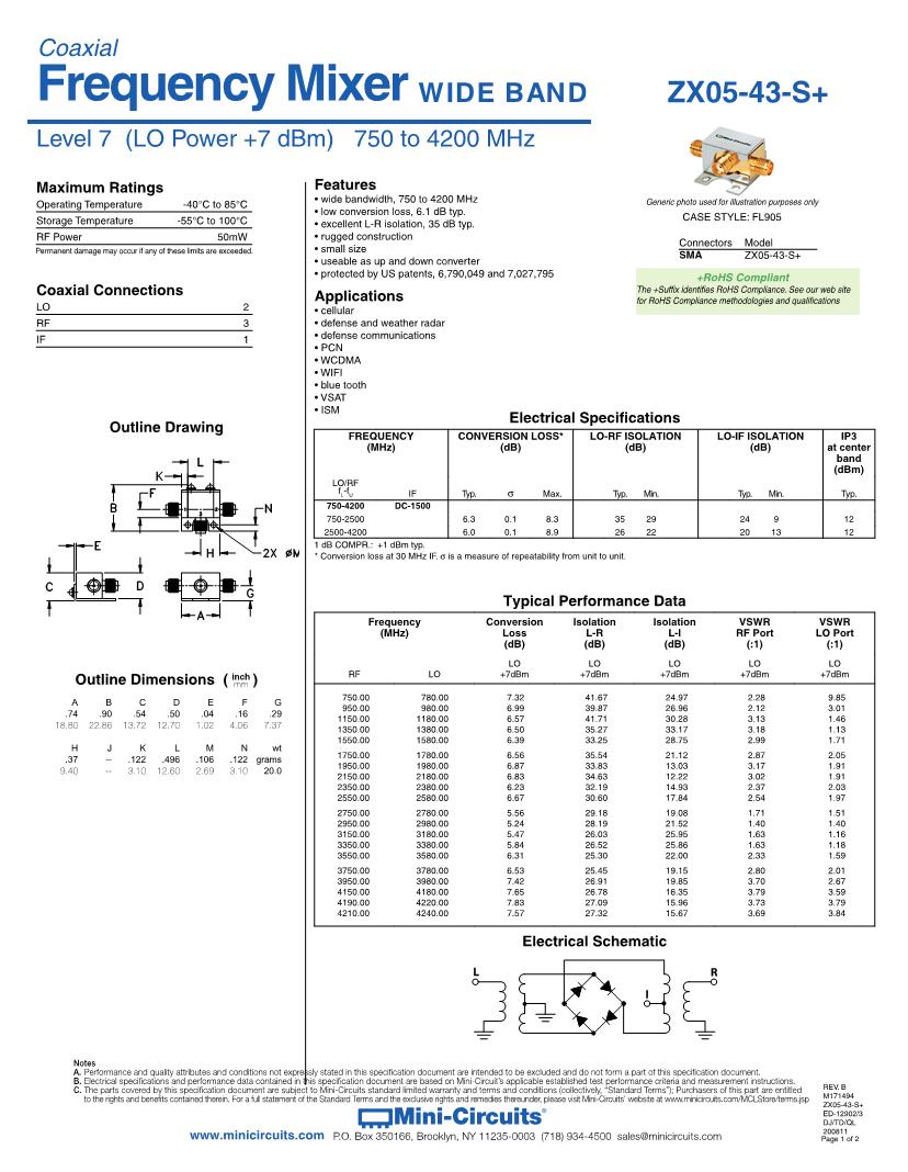 Mini-Circuits ZX05 Series RF Mixer Datasheets – Mouser