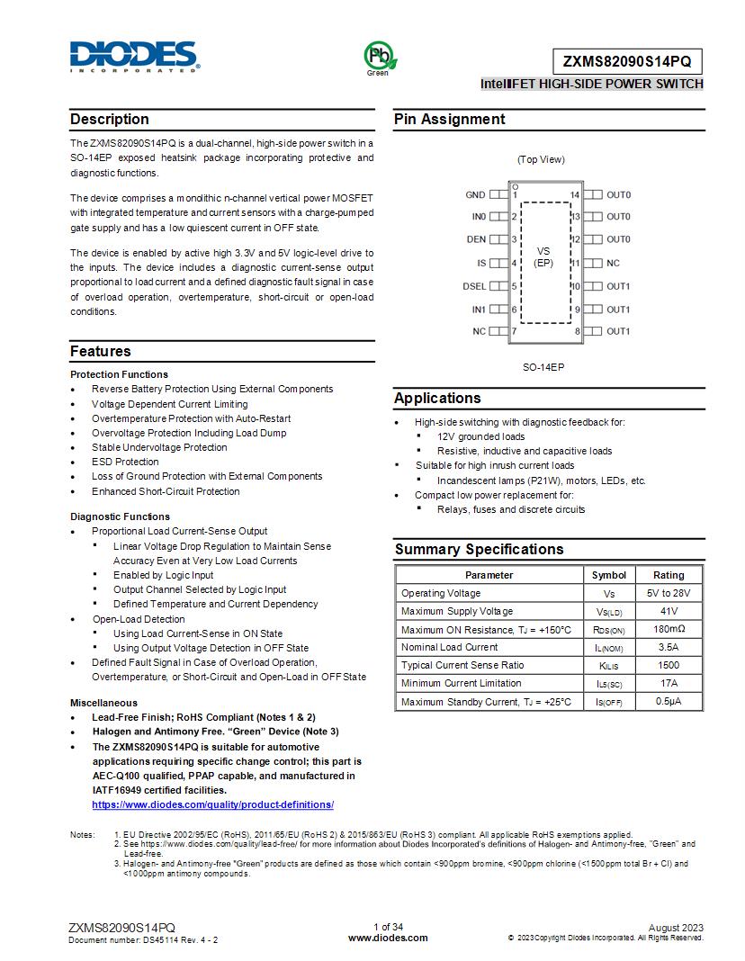 ZXMS82090S14PQ Description Features Pin Assignment Applications 