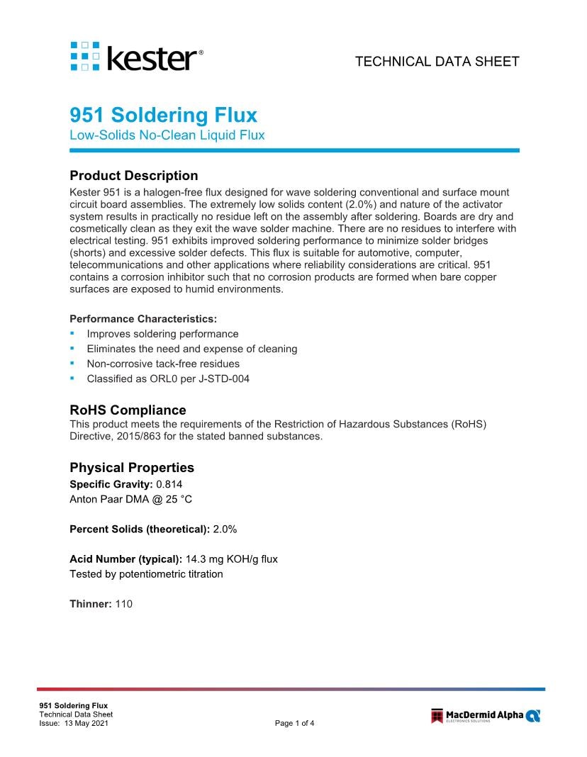 Kester Soldering Flux Datasheets Mouser