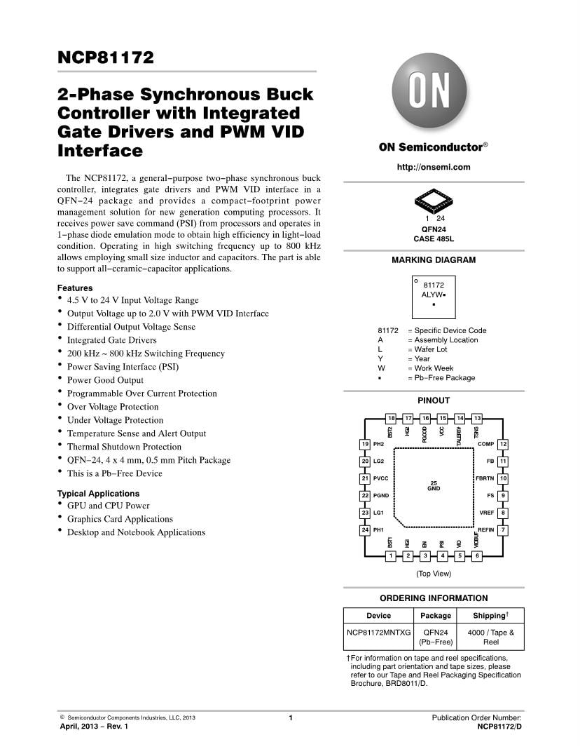 NCP81172 - 2-Phase Synchronous Buck Controller with Integrated 