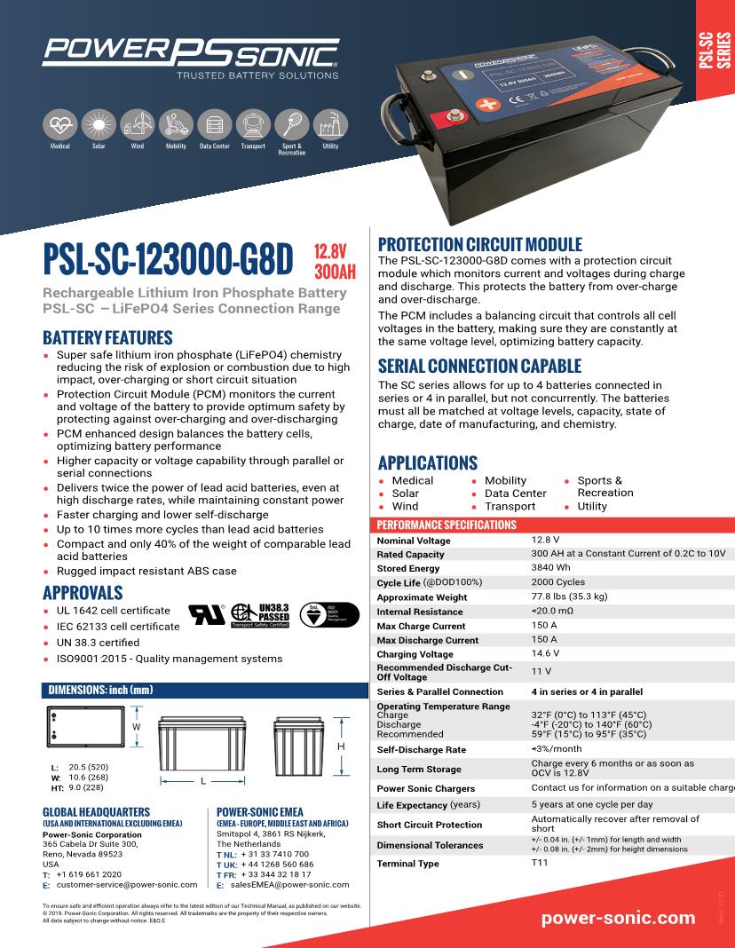 Power-Sonic PSL-SC Series LiFePO4 - Lithium Iron Phosphate Battery  Datasheets – Mouser