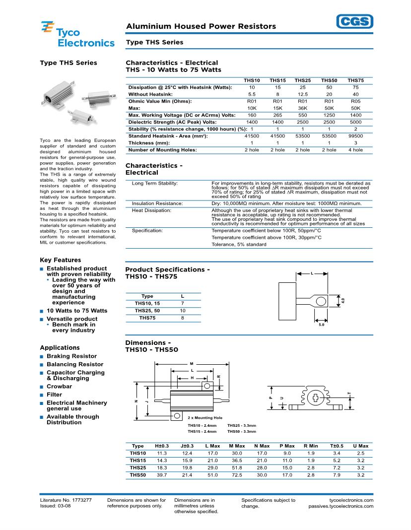 Aluminium Housed Power Resistors - Type THS Series - Tyco 