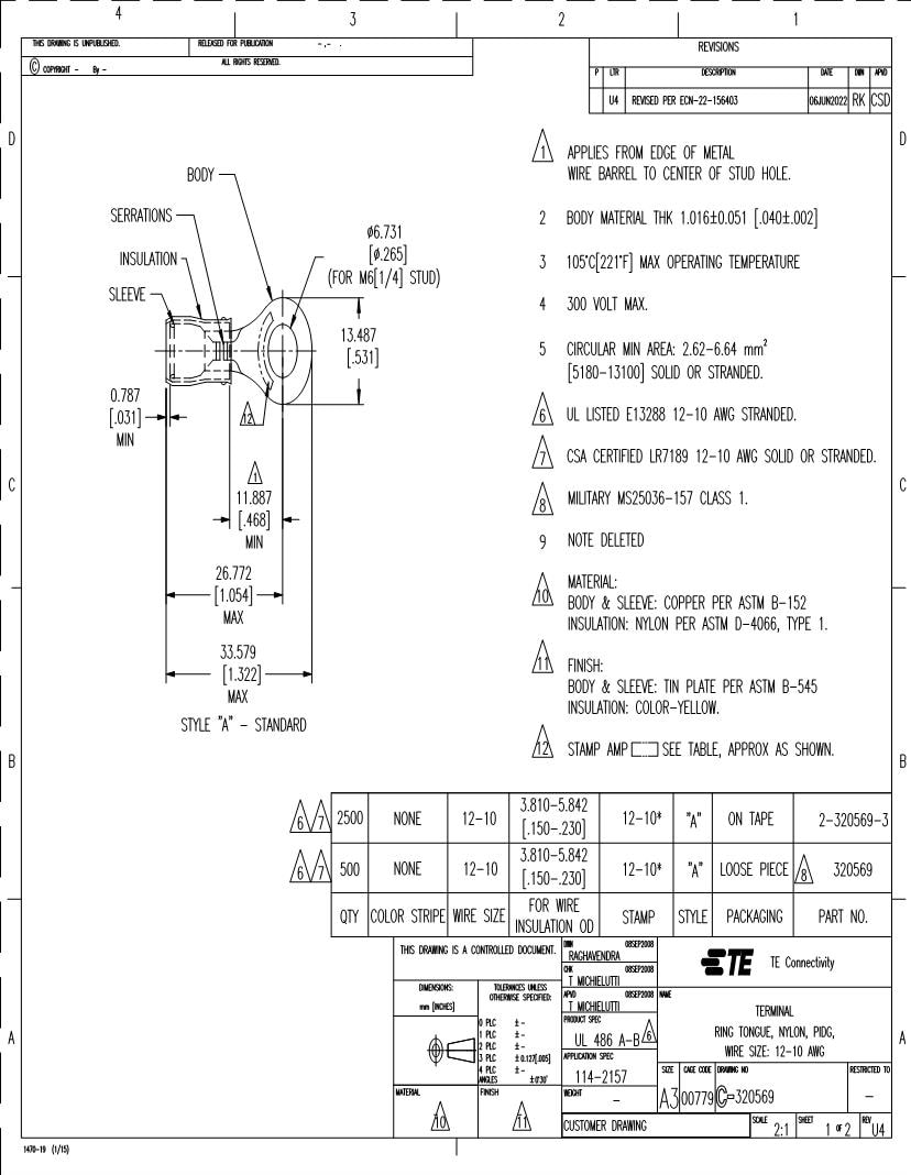 TE Connectivity MS25036 Series Terminals Datasheets – Mouser