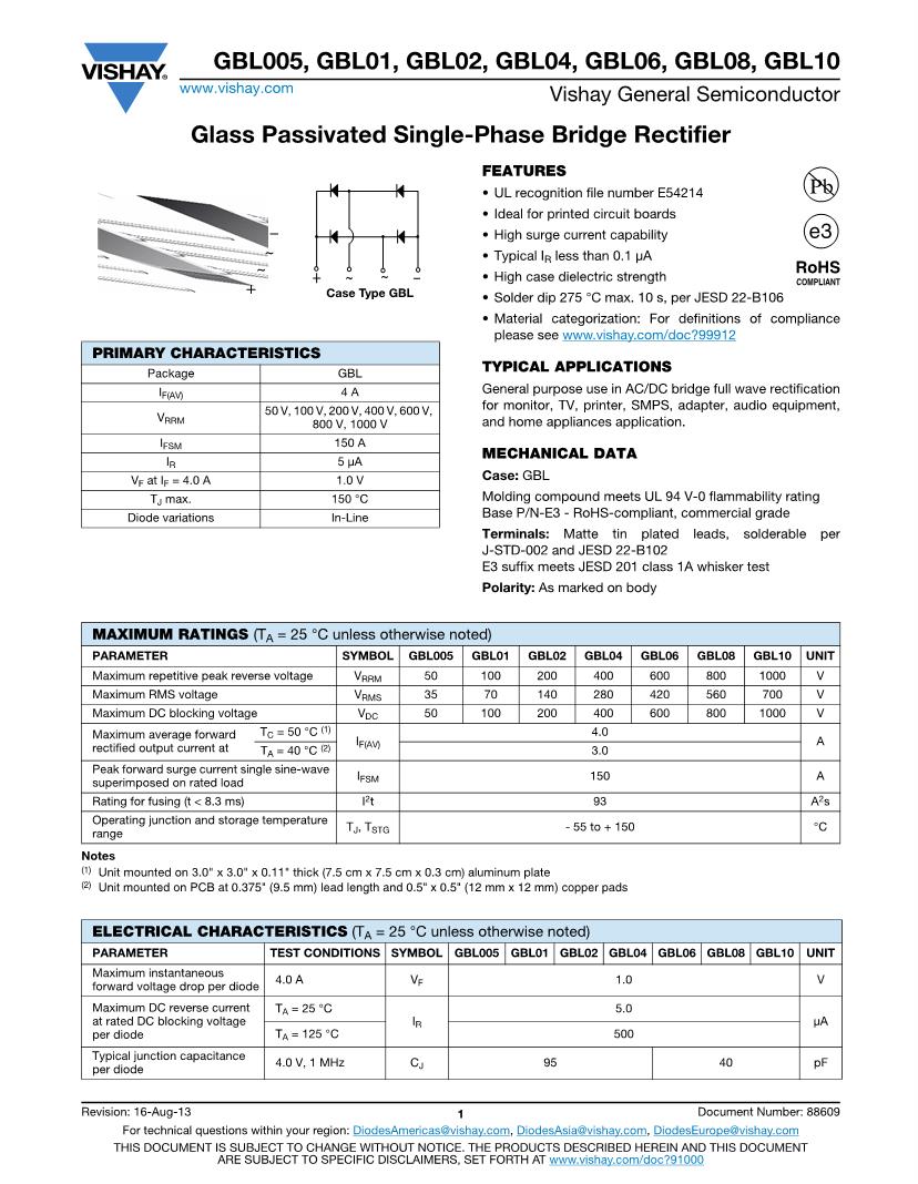 Search Results For Gbl08 Bridge Rectifiers Datasheets Mouser