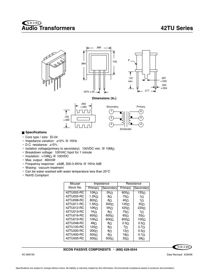 Xicon Audio & Signal Transformers Datasheets Mouser