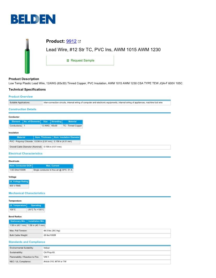 105 C 600 V 12 AWG Hook-up Wire Datasheets – Mouser