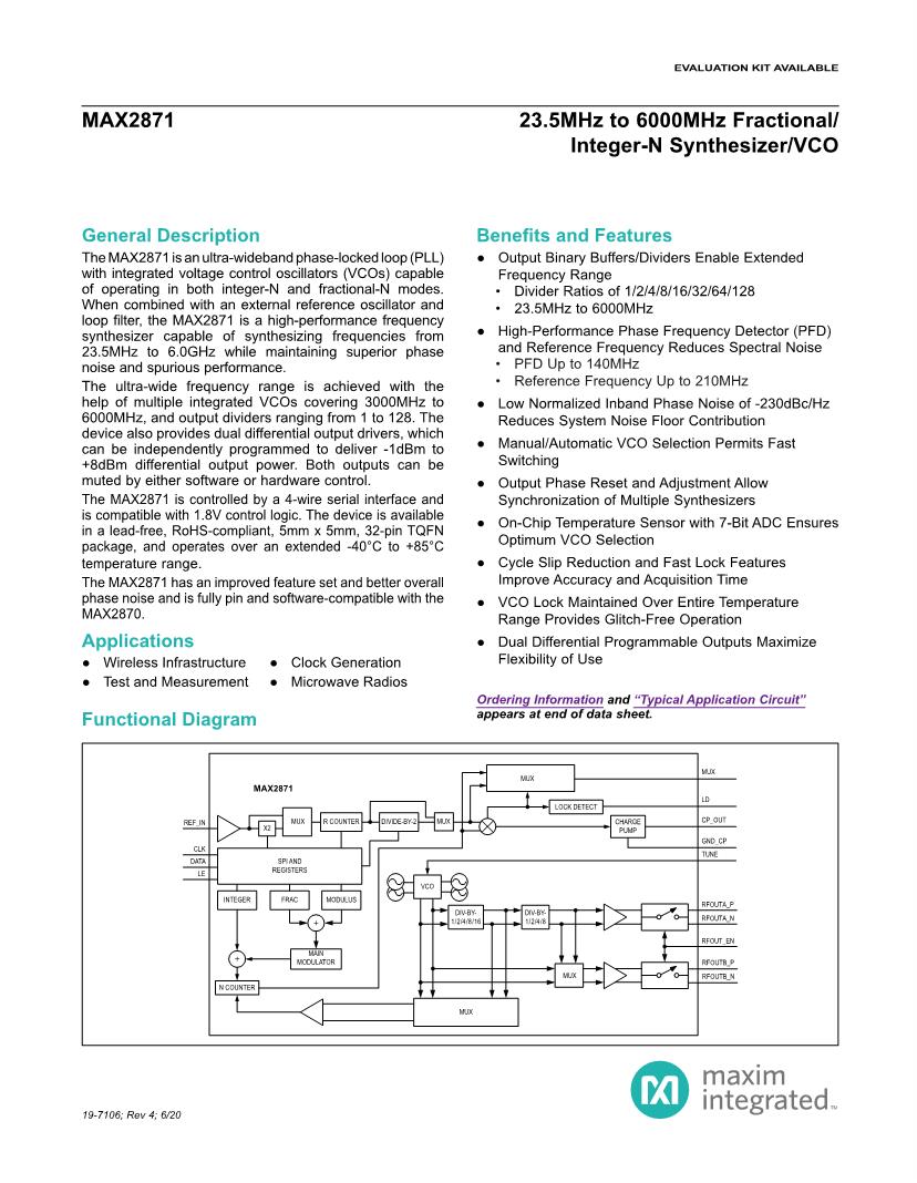 MAX2871 - 23.5MHz to 6000MHz Fractional/Integer-N Synthesizer/VCO