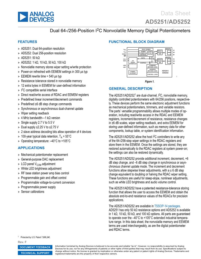 Analog Devices Inc. AD5252 Series Semiconductors Datasheets – Mouser