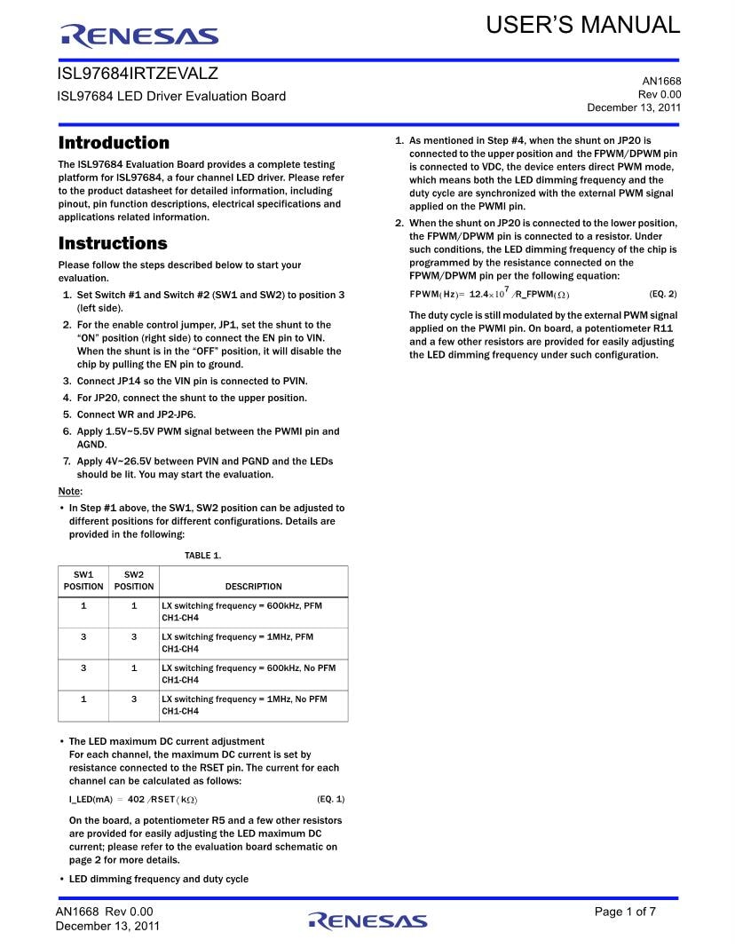 Renesas Electronics ISL97684 Series LED Lighting Development Tools  Datasheets – Mouser