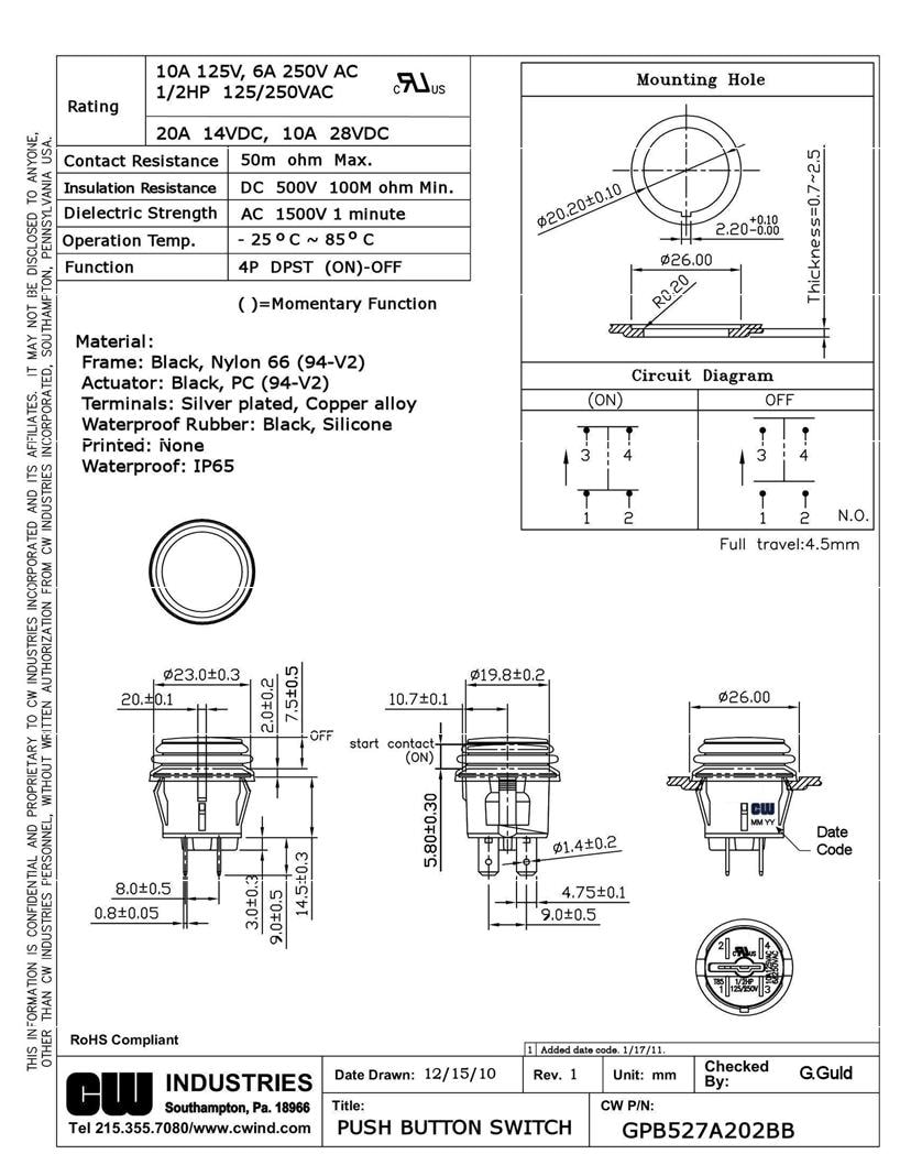 CW Industries DPST Switches Datasheets – Mouser