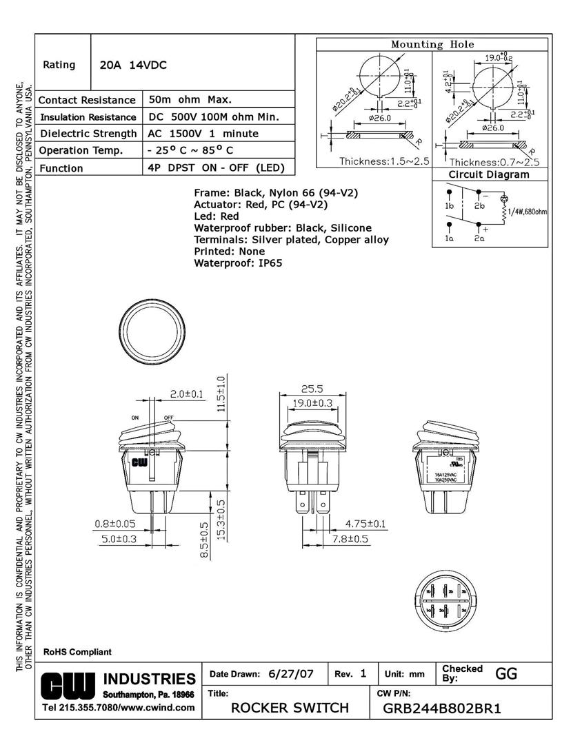 CW Industries DPST Switches Datasheets – Mouser