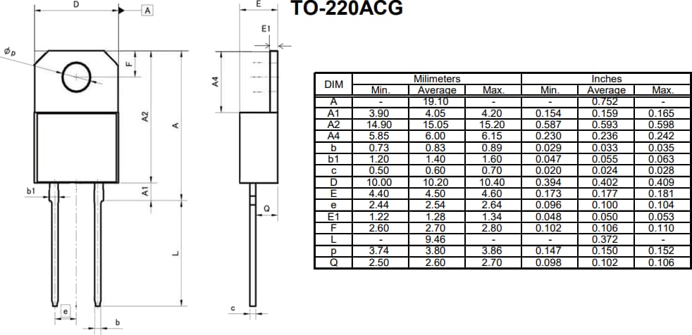 Mechanical Drawing - ROHM Semiconductor TO-220ACG SiC Schottky Barrier Diodes Mechanical Drawing - ROHM Semiconductor TO-220ACG SiC Schottky Barrier Diodes