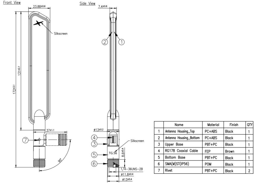 Mechanical Drawing - Taoglas TG.56.8113 5G/4G IP66 Monopole Antenna Mechanical Drawing - Taoglas TG.56.8113 5G/4G IP66 Monopole Antenna