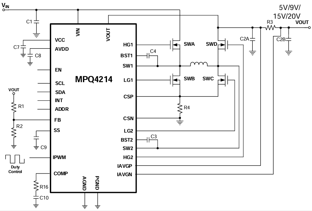 Application Circuit Diagram - Monolithic Power Systems (MPS) MPQ4214 40V Synchronous Buck-Boost Controllers